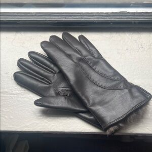 Dark Brown Rabbit Fur Trim Faux Leather Gloves